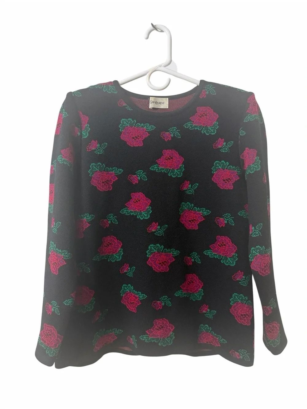 Yves Saint LaurentCrew Neck Flower Print Vintage Knit Pull over Sweater(Size Med